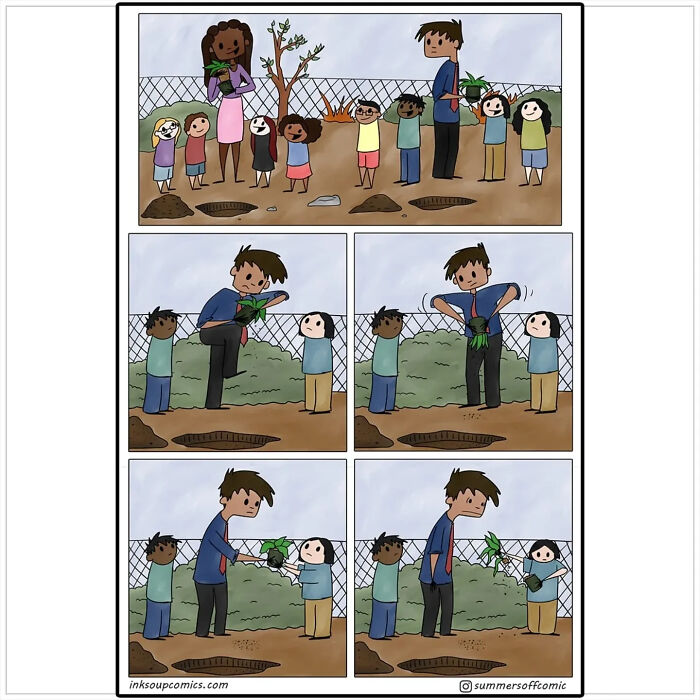 Teacher comics showing a teacher and students in a garden with plants, highlighting classroom chaos and workload humor.