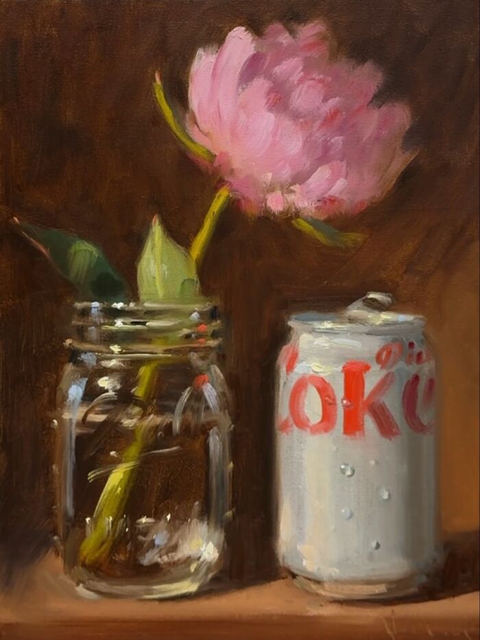Classical art style painting featuring a pink flower in a jar next to a modern fast food soda can.