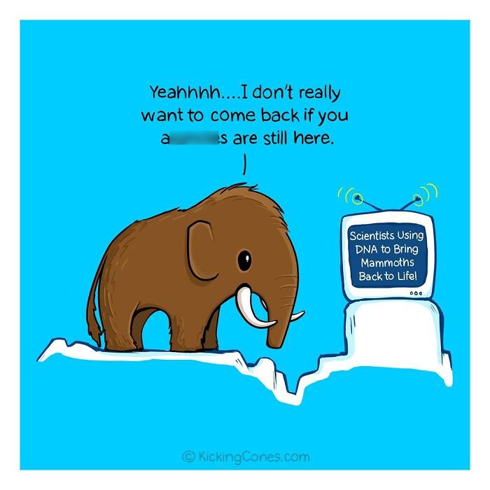 Cartoon mammoth watching a TV about DNA bringing mammoths back, part of artist made comics with relatable humor.