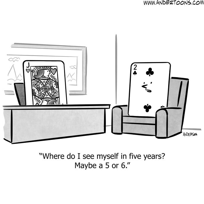 One-panel comic showing two playing cards personified, capturing life’s ironies with sharp and clever humor.