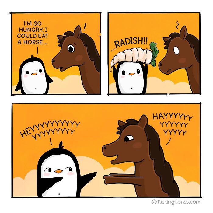 Comic strip by artist featuring a penguin and horse in silly, relatable scenes with playful dialogue.