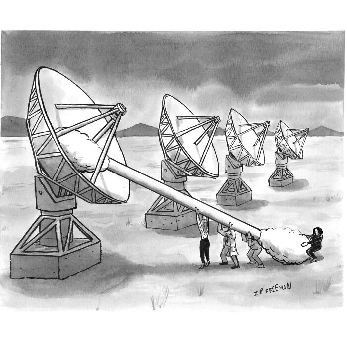 Black and white comic showing people adjusting a giant satellite dish, capturing relatable moments in modern life.