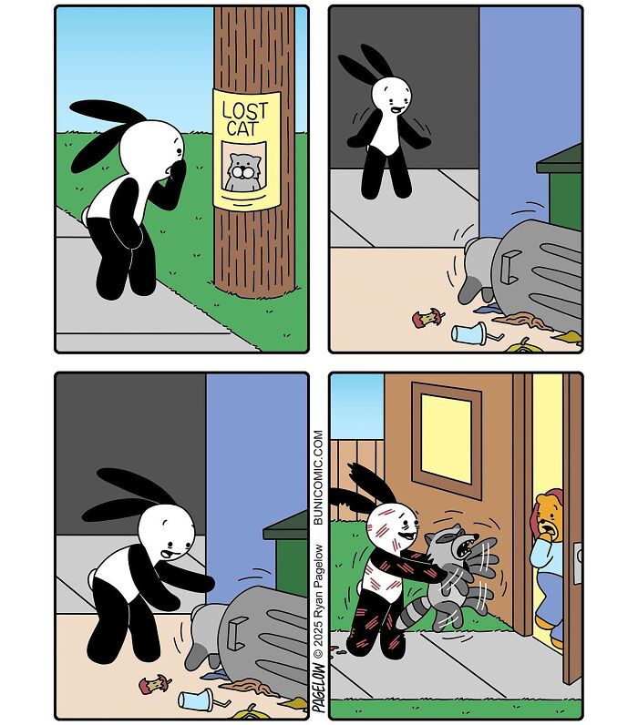 Cute comic panels showing a bunny finding a lost cat, searching trash, and returning the scared cat home.