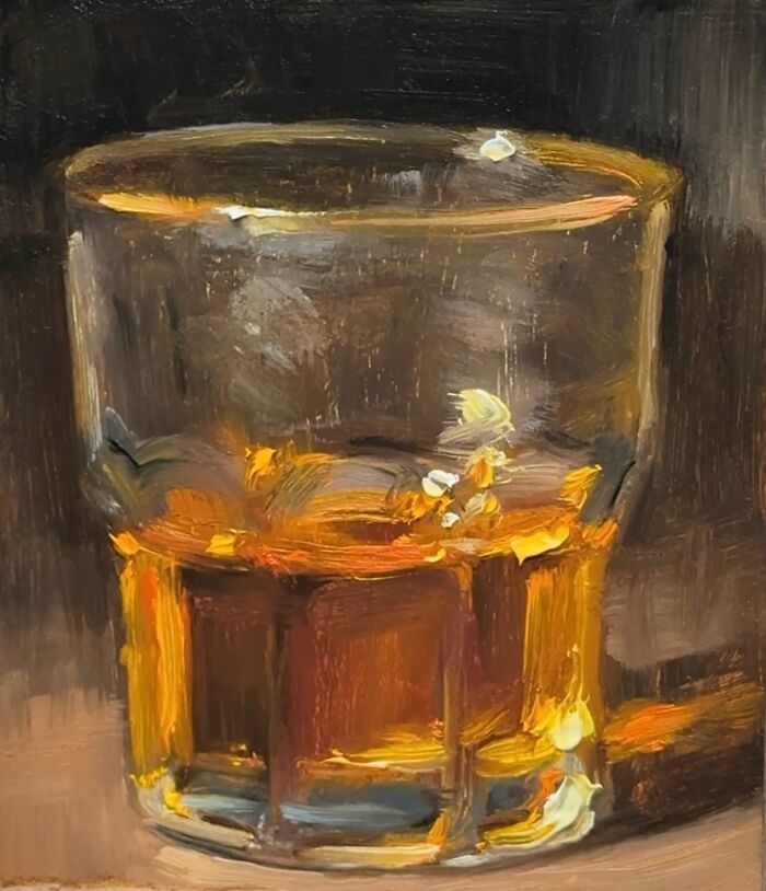 Close-up classical art style painting of a glass with amber liquid, depicting modern-day fast food themes.