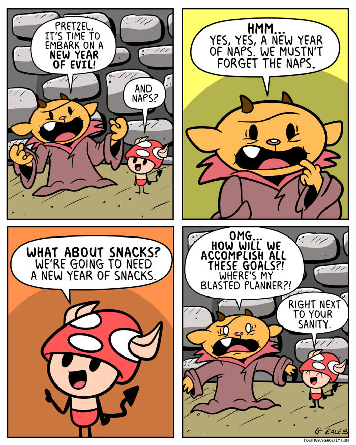 Heartwarming comic panels from Positively Ghostly featuring characters discussing new year goals with humor and naps.