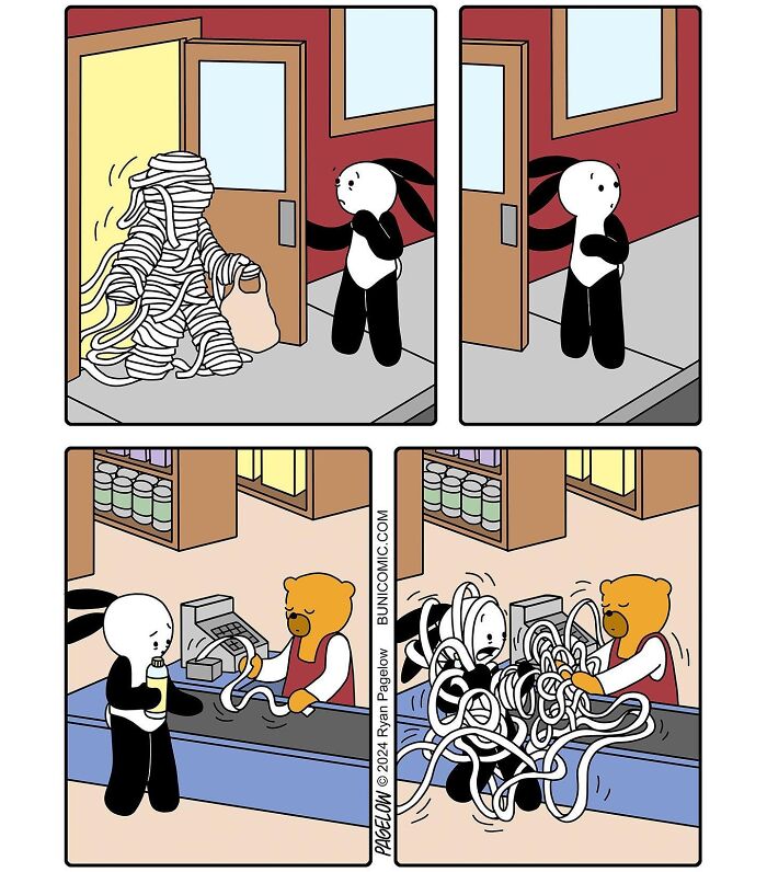 Cute comics by Buni show a rabbit tangled in toilet paper causing a chaotic checkout scene.