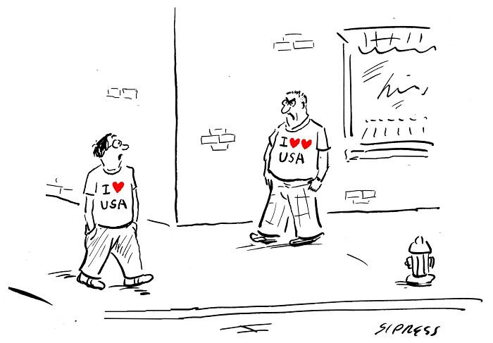Two men wearing I heart USA shirts walking towards each other in a humorous New Yorker cartoon by David Sipress.