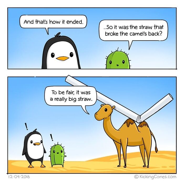 Comic panel featuring a penguin, cactus, and camel humorously discussing a giant straw breaking the camel’s back.