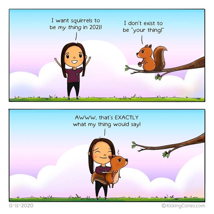 Comic strip featuring a girl and squirrel in a humorous, relatable moment from artist made comics about silly everyday things.