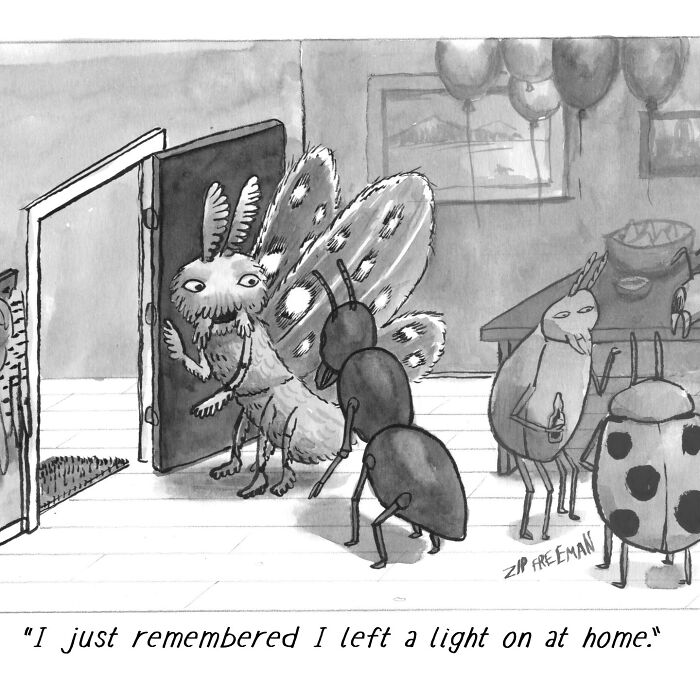 Comic illustration capturing relatable moments in modern life showing anthropomorphic insects in a social setting.