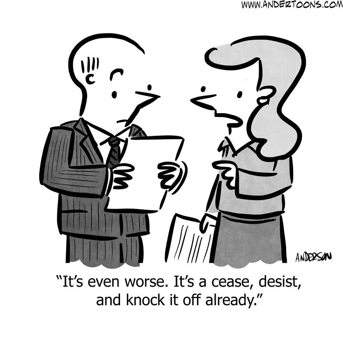 One-panel comic by cartoonist showing clever humor and life’s ironies with two office workers in discussion.