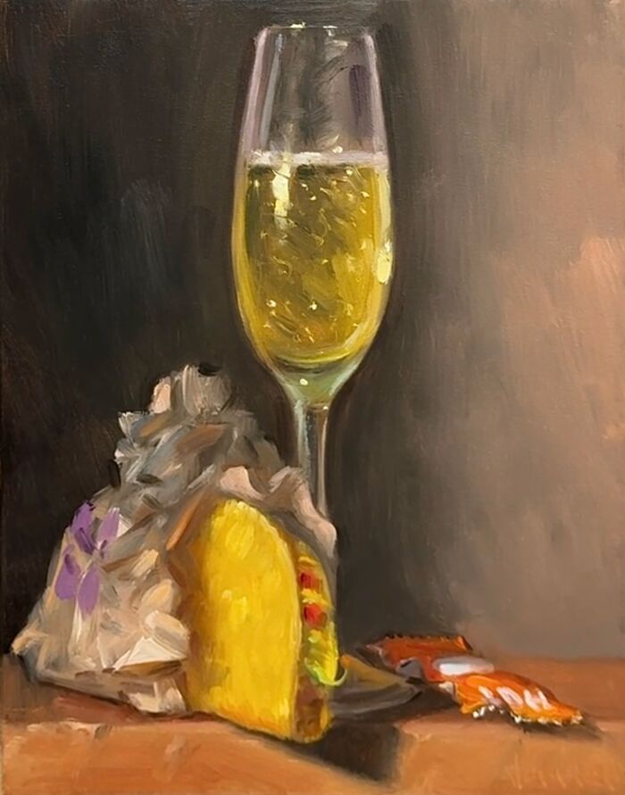 Classical art style painting of a fast food taco and a glass of sparkling beverage on a wooden surface.