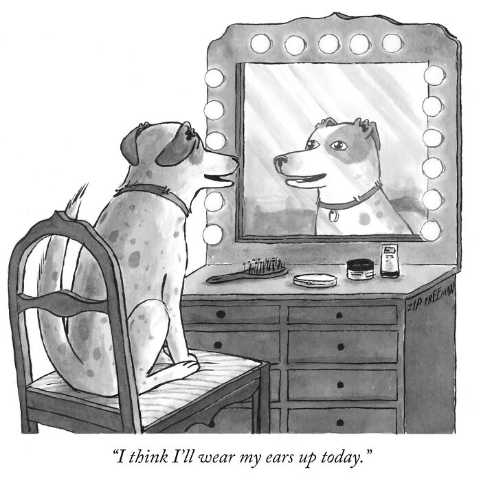 Black and white comic of a dog looking in a lit mirror, capturing relatable moments in modern life artwork.