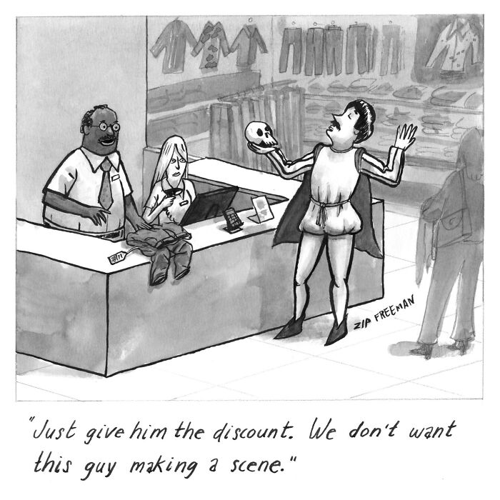 Cartoon from artist capturing relatable moments in modern life showing a man dressed as Hamlet in a clothing store.