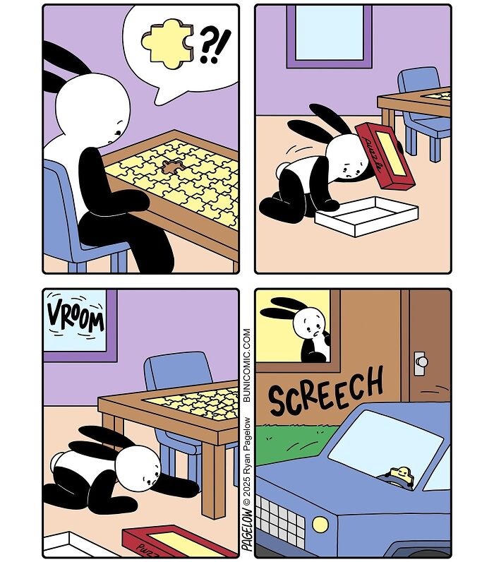 Buni comic showing a bunny puzzled by a missing puzzle piece and reacting to a toy car driving away unexpectedly.