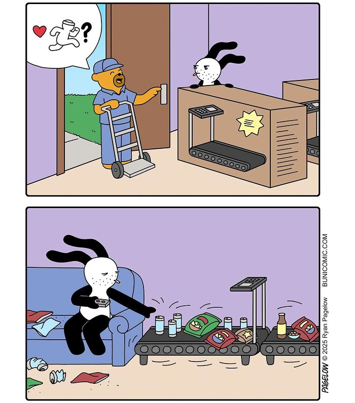 Cartoon bunny and delivery worker with food on a conveyor belt in a cute comics that don’t end well by Buni.