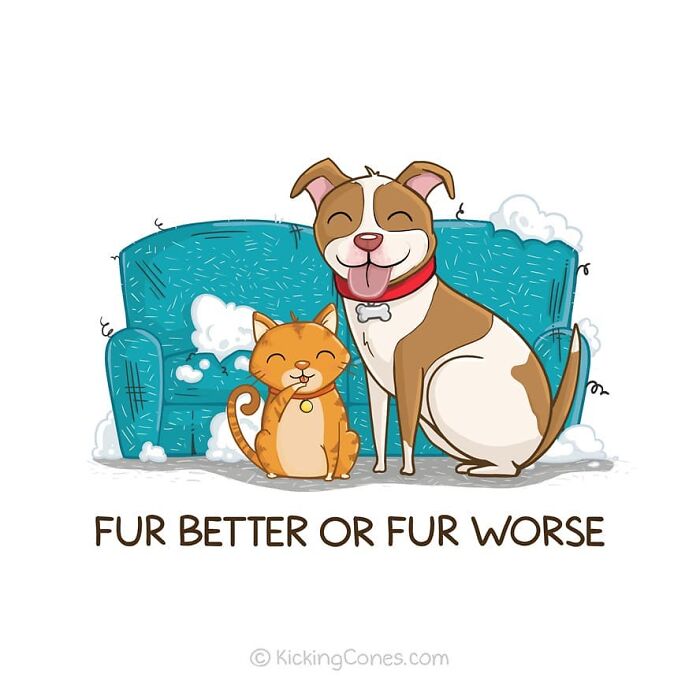Cartoon dog and cat sitting happily in front of a chewed-up couch, showcasing cute humor and wholesome wordplay.