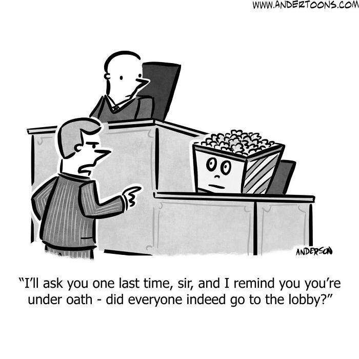 Cartoonist’s one-panel comic showing a popcorn box on the witness stand with sharp and clever humor.
