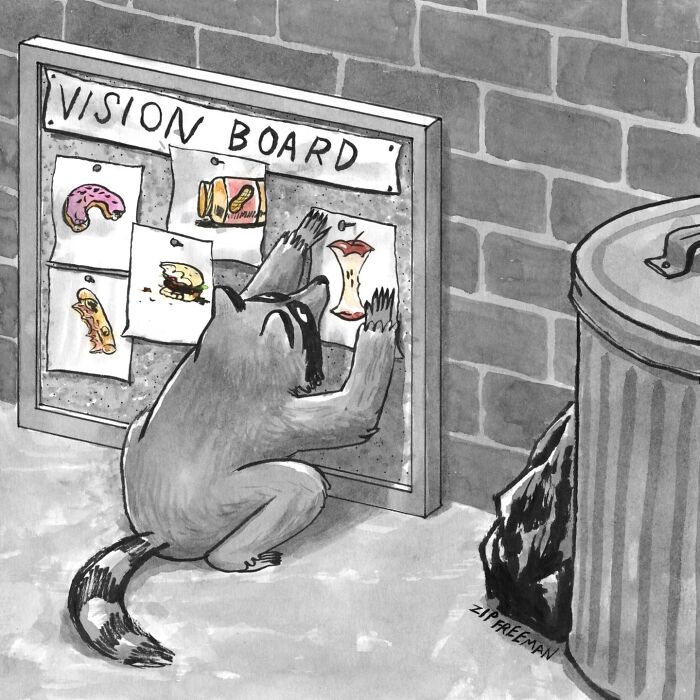 Black and white comic of a raccoon arranging food images on a vision board, capturing relatable moments in modern life.