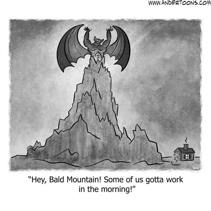One-panel cartoon showing a demon on a mountain with a person saying they have to work, illustrating life’s ironies.