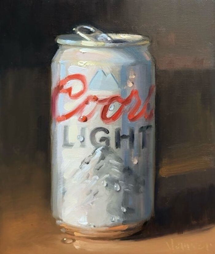 Oil painting of a Coors Light beer can, blending modern-day fast food with classical art style by an innovative artist.