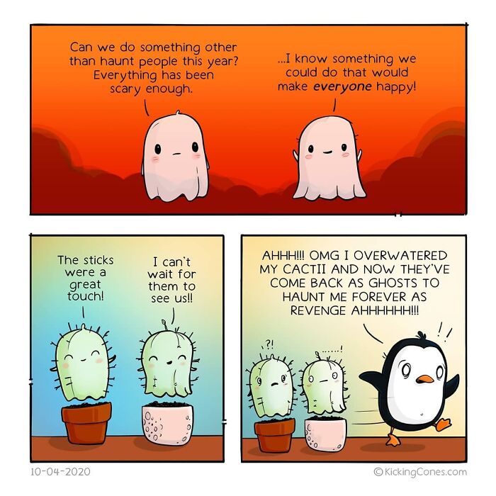Cartoon comic panels showing relatable and silly cactus and ghost characters in a humorous, artist-made comic style.