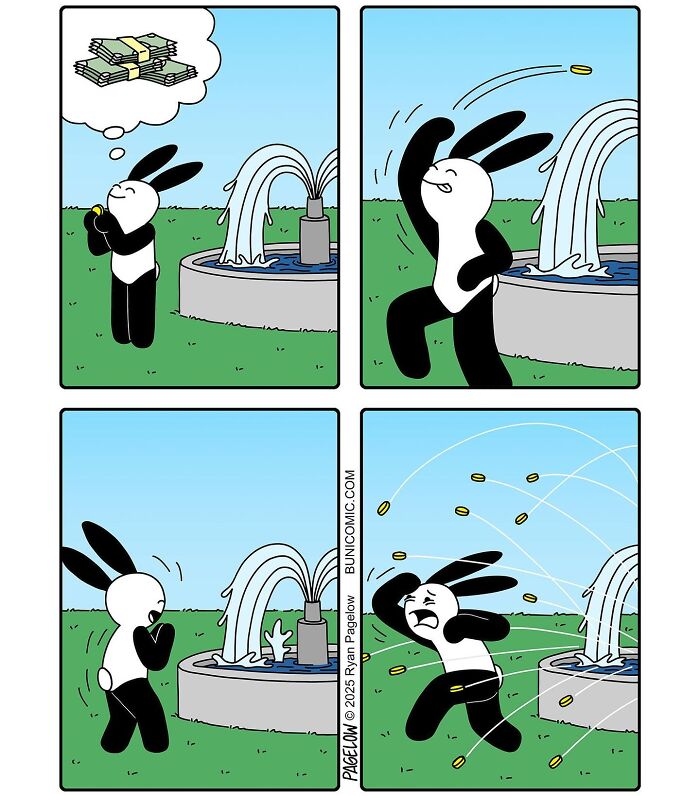 Cute comic bunny tries to toss a coin in a fountain but it bounces off and hits the character in a humorous scene.