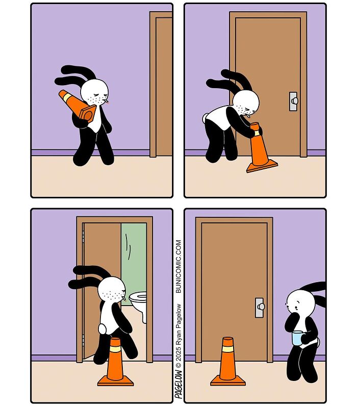 Cute comic strip by Buni shows a character using a traffic cone creatively with a humorous twist.