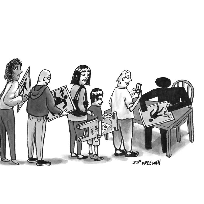 People holding relatable modern life comics while one person interacts with a black silhouette figure at a table.