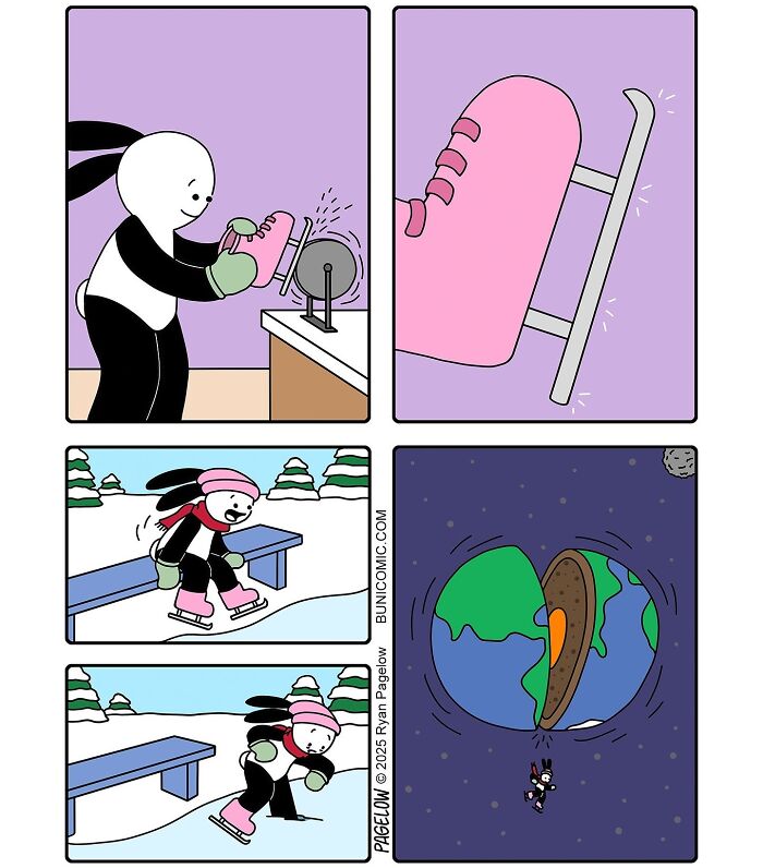 Cute comic character wearing pink ice skates accidentally breaks Earth in a funny Buni comic about unexpected endings.