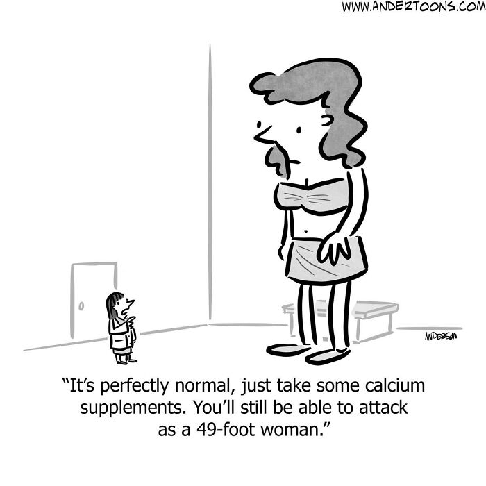 One-panel cartoon showing a tiny woman advising a giant 49-foot woman with sharp and clever humor.