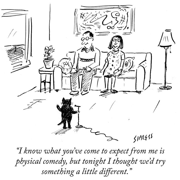New Yorker cartoon by David Sipress shows a cat performing comedy in front of a seated couple in a living room.