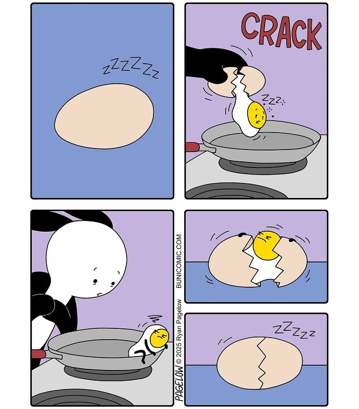 Cute comic depicting an egg with a sleeping yolk character that cracks and then curls back inside, showcasing dark humor.