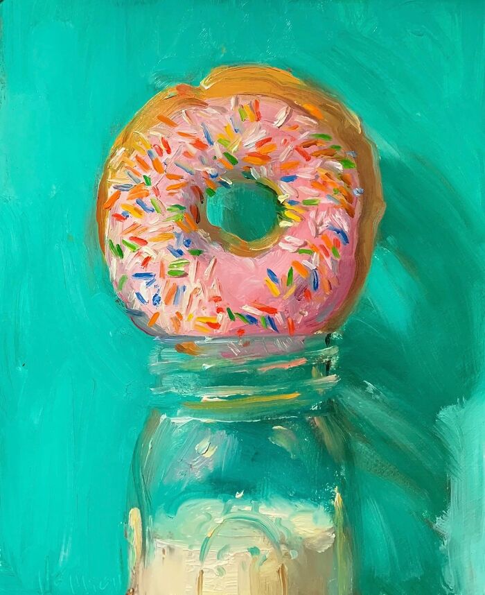 Oil painting of a pink sprinkled donut resting on a glass milk bottle, showcasing modern-day fast food in a classical art style.