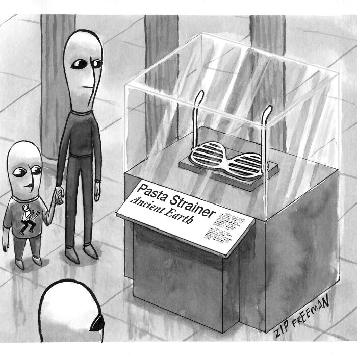 Comic illustration showing an alien and child viewing a pasta strainer as an ancient artifact in a museum, capturing relatable moments.