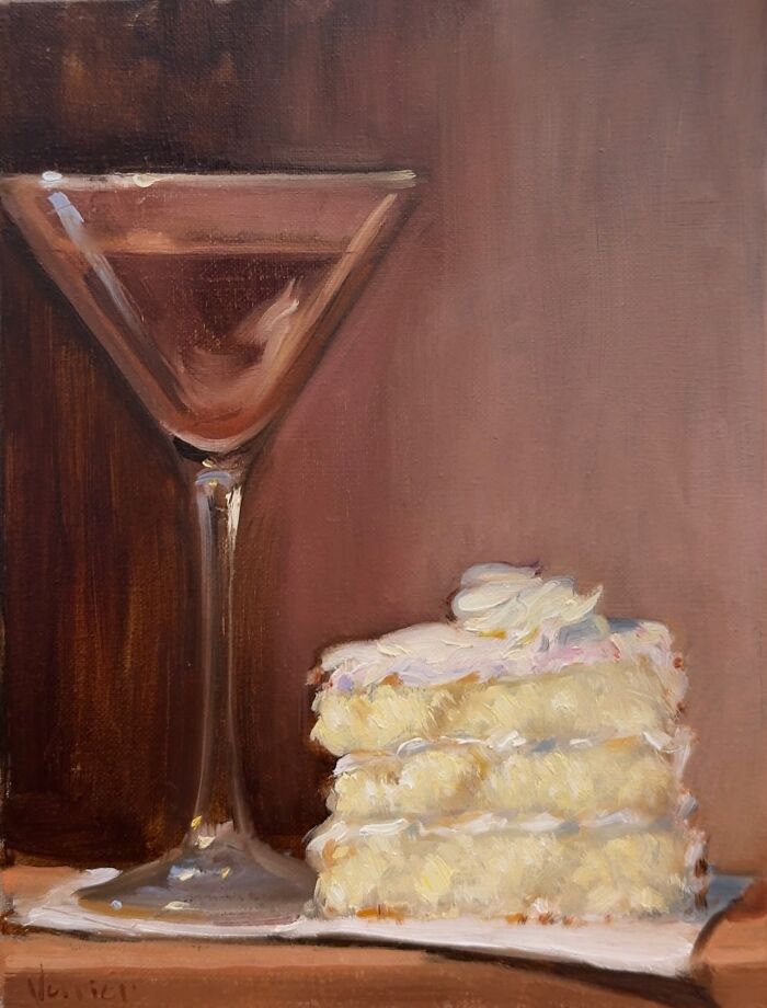 Classical art style painting of modern-day fast food featuring a cocktail glass and a slice of layered cake.