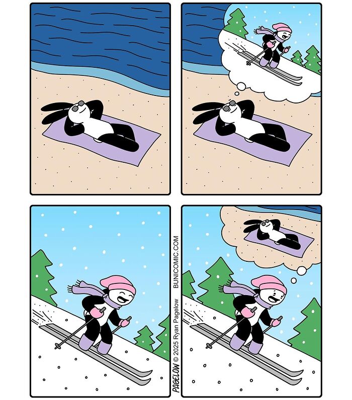 Cute comics by Buni showing a rabbit dreaming of skiing while lying on the beach, then skiing and thinking about the beach.