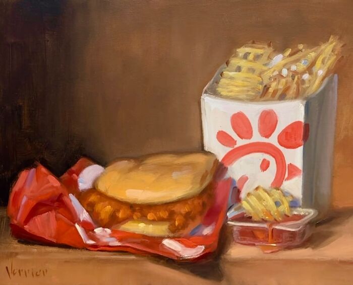 Oil painting of modern fast food meal featuring a chicken sandwich, fries, and dipping sauces in classical art style.