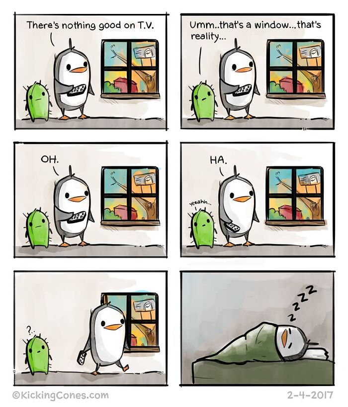 Comic strip featuring a penguin and cactus, showcasing silly and relatable moments in artist-made comics.
