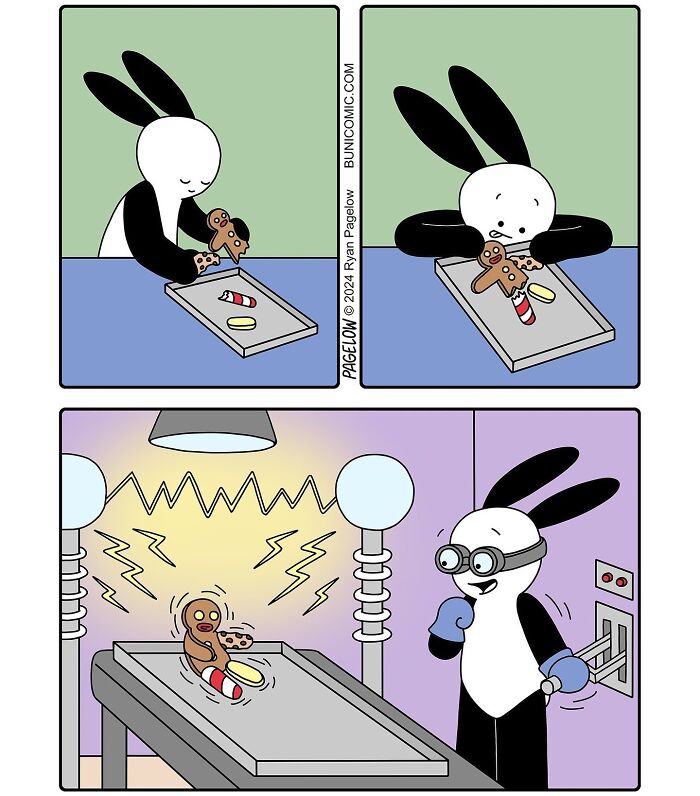 Cute comics by Buni showing a rabbit doll coming to life in a funny and unexpected way.