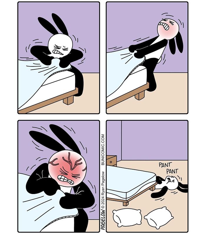Comic strip of a bunny struggling to pull a fitted sheet off a bed, showcasing cute comics that often don't end well.