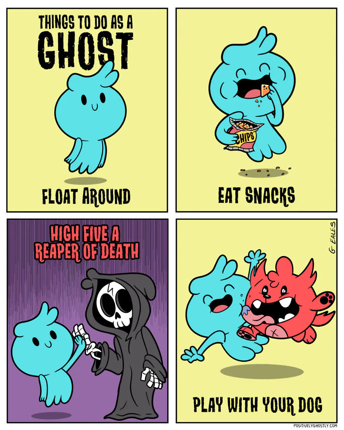 Blue ghost character floating, eating snacks, high-fiving the grim reaper, and playing with a red dog in comics.