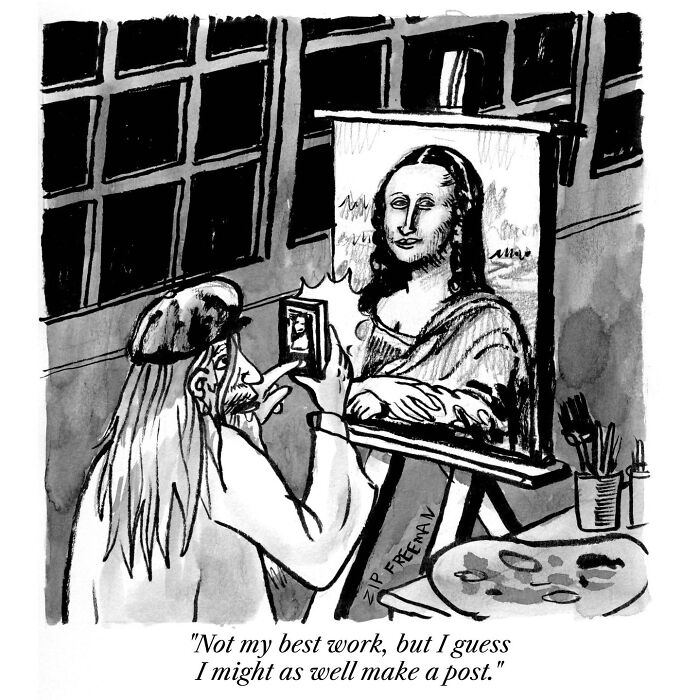 Artist drawing Mona Lisa painting while taking a selfie for social media in a comic capturing relatable moments in modern life.