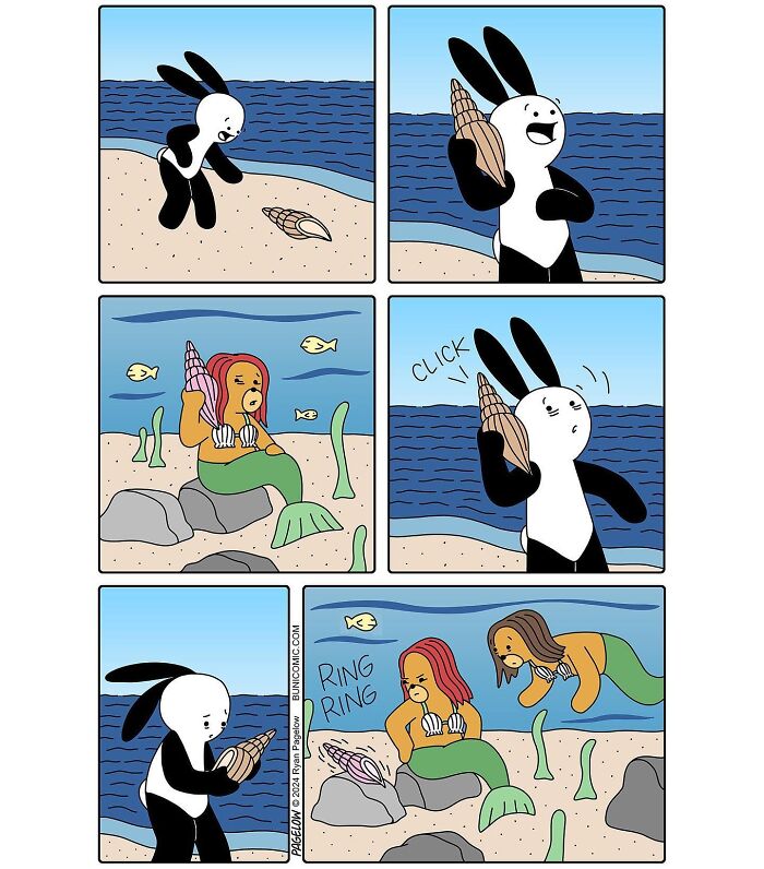 Buni comic with rabbit finding a shell, mermaid picking up the shell, and surprised expressions at the beach.