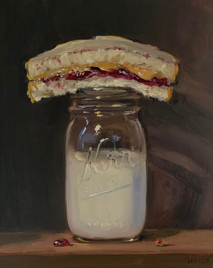 Classical art style painting of a peanut butter and jelly sandwich on a mason jar of milk, modern-day fast food portrayal.