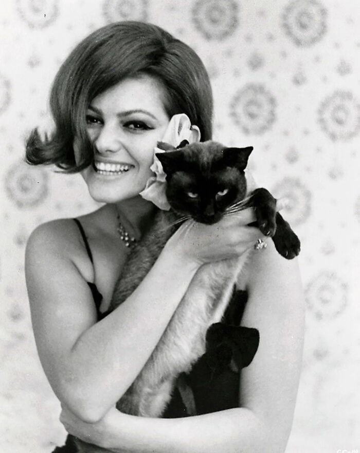 Smiling woman holding a vintage Siamese cat close to her face showcasing timeless feline charm in a retro black and white photo.