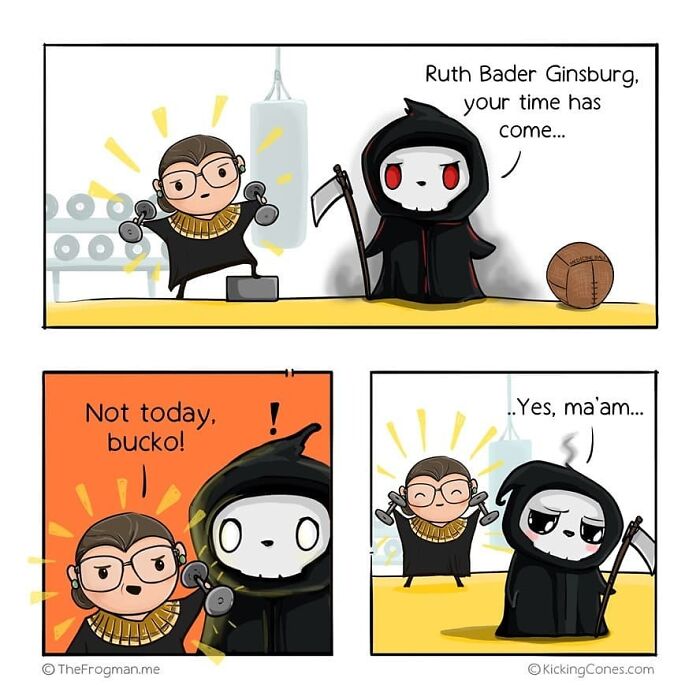 Comic panels showing a funny and relatable scene with a cartoon Ruth Bader Ginsburg and the Grim Reaper.