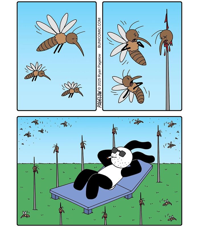 Cute comics by Buni showing mosquitoes flying, getting speared, and a character relaxing among them outdoors.