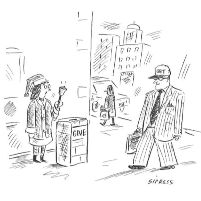 New Yorker cartoon by David Sipress showing a man in a suit with GET hat passing a woman ringing a bell by a GIVE box.