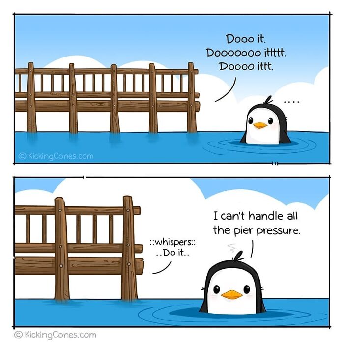 Penguin cartoon in a comic by artist with silly and relatable themes, facing pier pressure to jump into water.